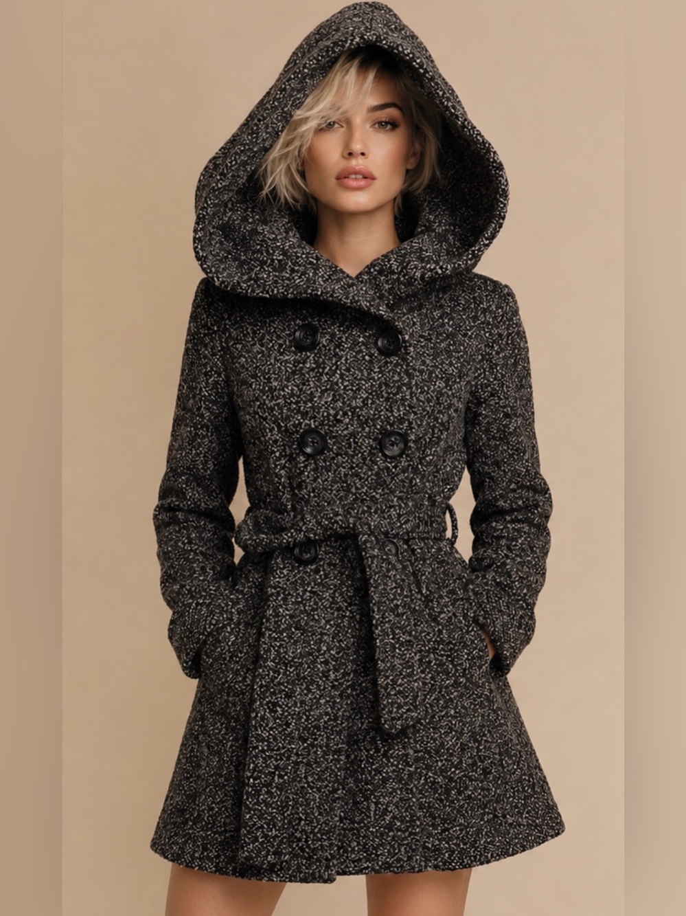 CoffeeShop Hooded Marled Heather Brown Tweed Trench Coat Womens Size M - NWOT